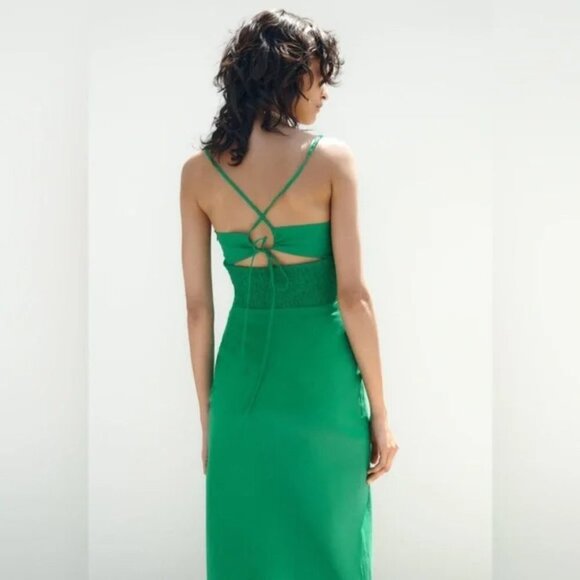 Zara Linen Blend Corset Midi Slit Dress Green Size Medium - Picture 3 of 13